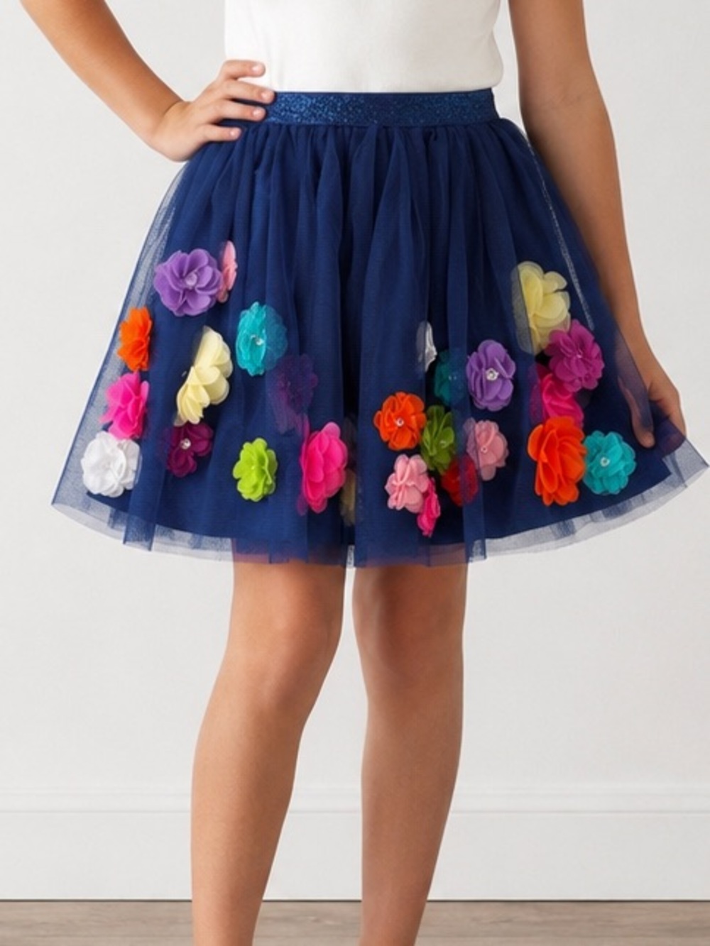 Girls The Children’s Place Navy Tulle Skirt w/ 3D Floral Appliqué Size 10 - Picture 2 of 9